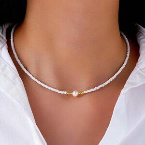 White Beaded Choker with Pearl Waterproof Gold Necklace Summer Jewelry PRETTY